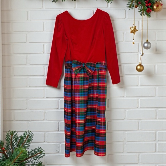 Vtg 80s Lanz Red Velvet Tartan Plaid Taffeta Holiday Formal Party Gown Dress 10 - Picture 2 of 14